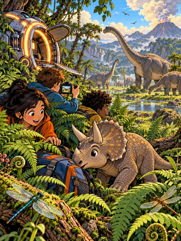 Kinder mit einer Zeitmaschine fotografieren friedliche Langhalssaurier, ein kleiner Triceratops schnuppert neugierig an einem Rucksack.