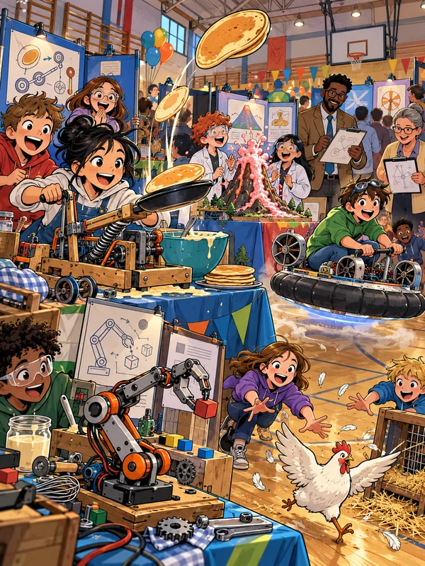 In der Turnhalle zeigen Kinder verrückte Erfindungen wie eine Pfannkuchen-Schleuder und ein Luftkissenboot, ein Huhn büxt aus.
