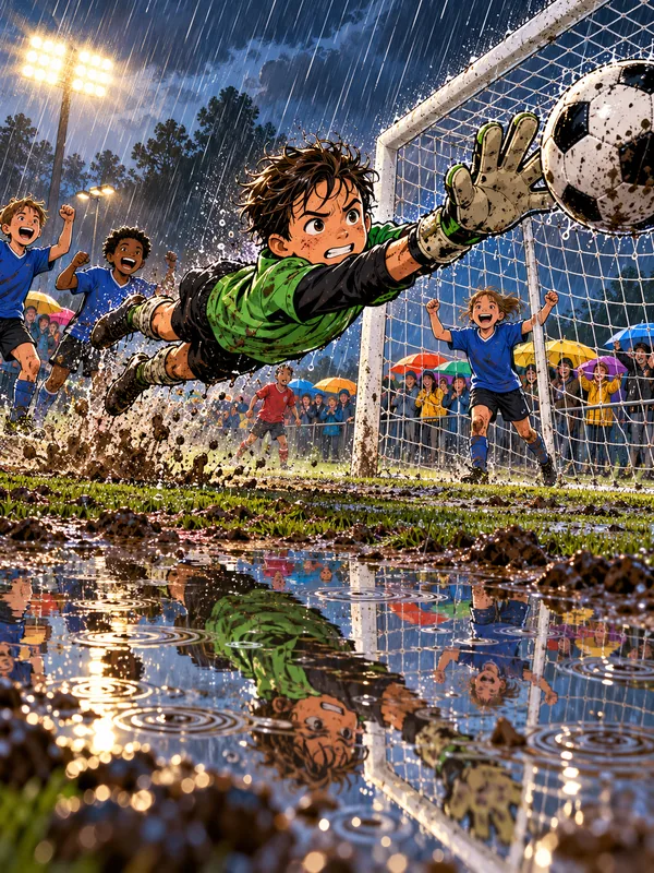 Bei einem Fußballspiel im Regen hechtet der Torwart nach dem Ball, der Matsch spritzt und in der Pfütze spiegelt sich das ganze Spiel.