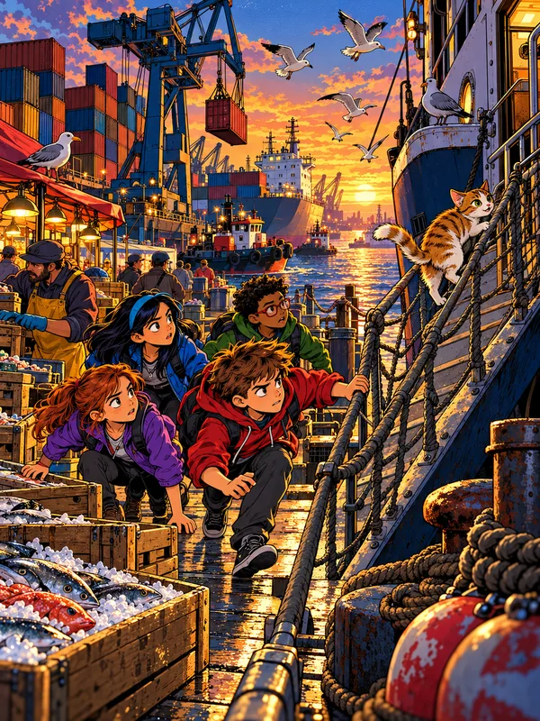 Bei Sonnenuntergang im Hafen folgen die jungen Detektive einer Katze, die heimlich an Bord eines großen Schiffs klettert.