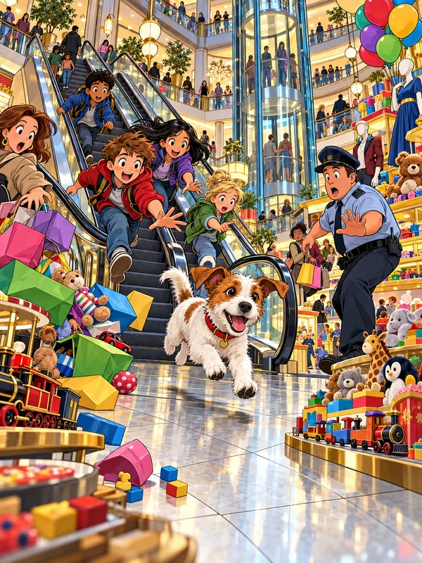 Die Kinder rennen die Rolltreppe hinunter einem kleinen Hund hinterher, Einkaufstüten fallen und ein Wachmann staunt in der Spielzeugabteilung.