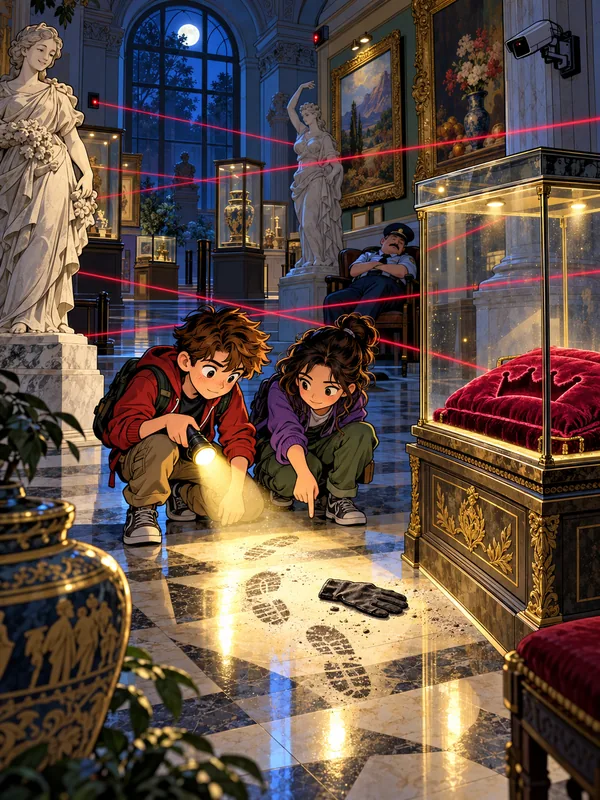 Zwischen roten Laserstrahlen entdecken zwei Kinder mit Taschenlampe Fußspuren und einen verlorenen Handschuh, die Vitrine mit der Krone ist leer.