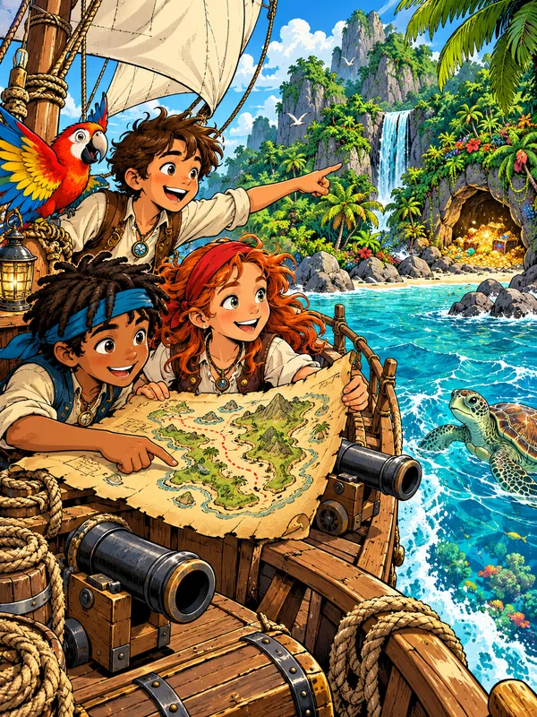 Drei Kinder auf einem Segelschiff zeigen auf eine Schatzkarte, vor ihnen liegt eine Dschungelinsel mit Wasserfall und einer Höhle voller Gold.