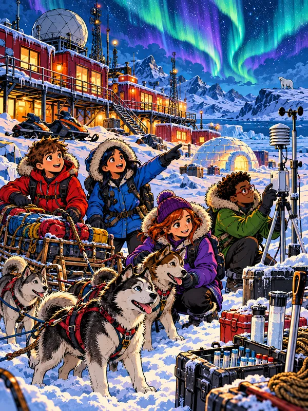 An einer Forschungsstation in der Arktis stehen Kinder mit Huskys im Schnee, am Himmel tanzen Polarlichter und weit hinten schaut ein Eisbär.