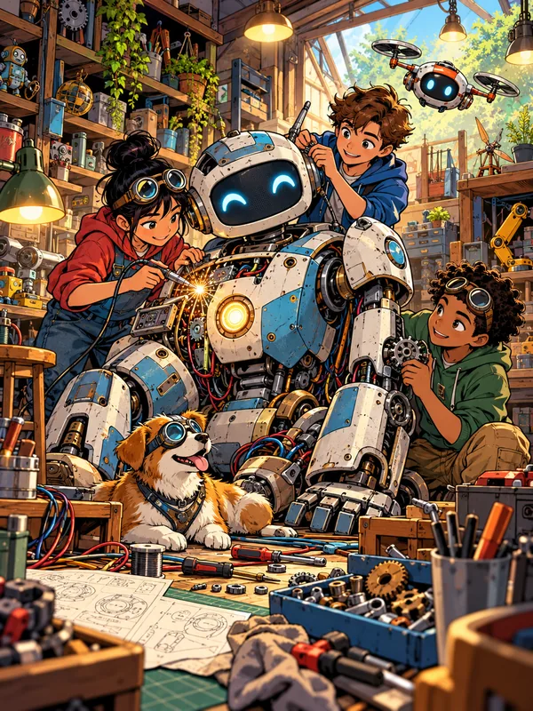In einer Werkstatt voller Teile bauen drei Kinder einen großen Roboter, Funken sprühen, eine Drohne fliegt und ein Hund trägt eine Schutzbrille.