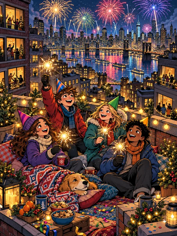 Auf einer Dachterrasse sitzen Kinder mit Wunderkerzen und Partyhüten unter Decken und schauen auf das Feuerwerk über der Stadt.