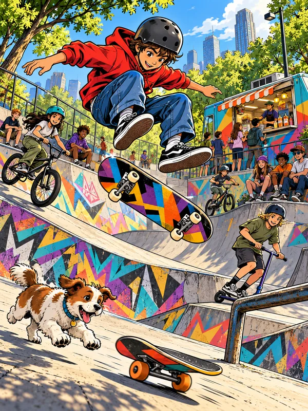Im Skatepark springt ein Junge mit dem Skateboard hoch durch die Luft, andere fahren BMX und Roller, ein Hund jagt einem Brett hinterher.