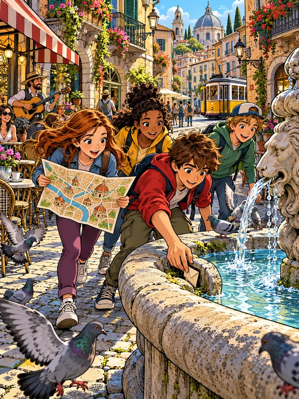 Mit einem Stadtplan rennen Kinder durch eine Altstadtgasse, einer findet einen Zettel am Brunnen, Tauben flattern und hinten fährt eine Straßenbahn.
