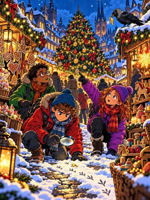 Auf dem Weihnachtsmarkt fehlt der goldene Stern auf dem Baum, die Detektive suchen Spuren im Schnee und auf dem Dach sitzt eine Dohle mit etwas Glänzendem.