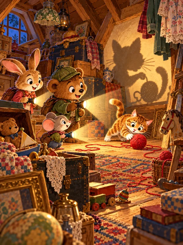 Hase, Bär und Maus leuchten mit Taschenlampen über den Dachboden, der große Schatten an der Wand ist nur eine Katze mit einem Wollknäuel.