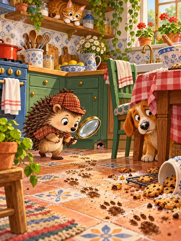 Ein Igel mit Detektivmütze folgt mit der Lupe Pfotenspuren durch die Küche, unter dem Tisch versteckt sich ein Hund mit Mehl auf der Nase.