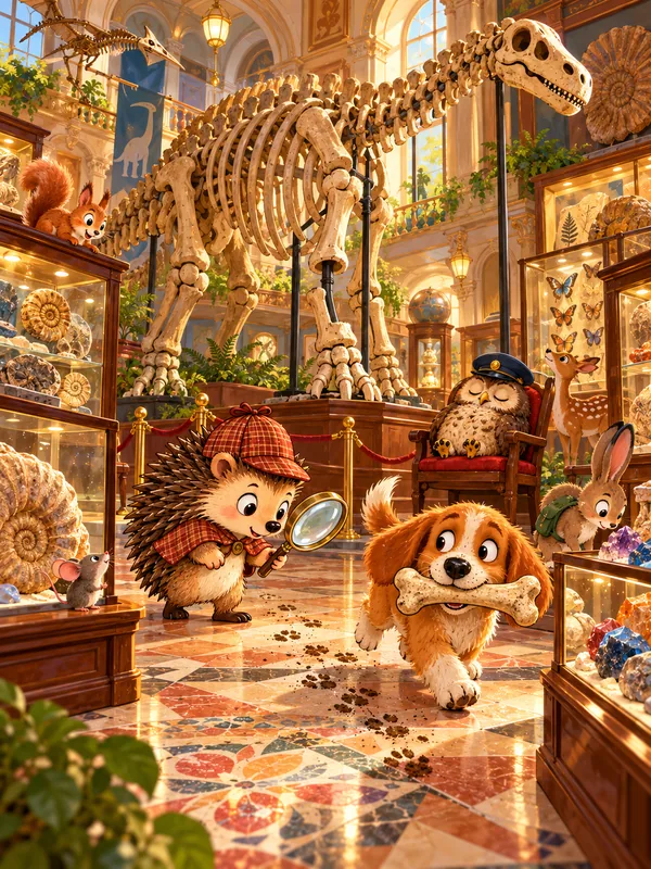 Im Museum fehlt dem Dinosaurier ein Knochen, ein fröhlicher Hund trägt ihn im Maul, ein Igel-Detektiv folgt seinen Spuren.