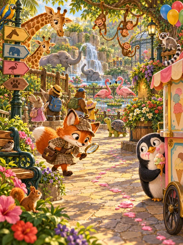 Eine Fuchs-Detektivin folgt rosa Eistropfen durch den Zoo, ein Pinguin mit Eis am Schnabel versteckt sich hinter dem Eiswagen.