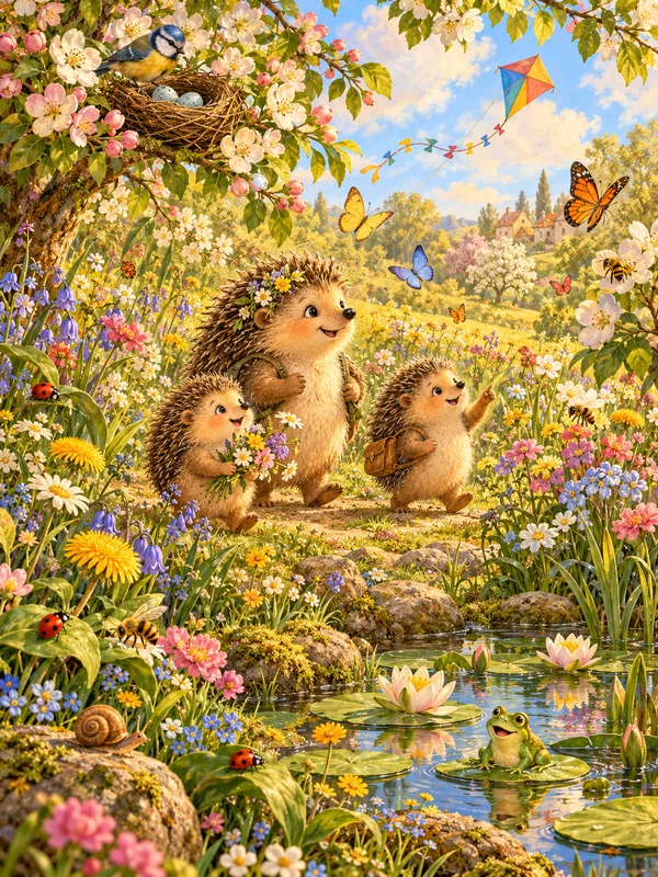 Eine Igelfamilie spaziert über eine bunte Blumenwiese mit Schmetterlingen, Marienkäfern, einem Teich mit Frosch und einem Vogelnest.