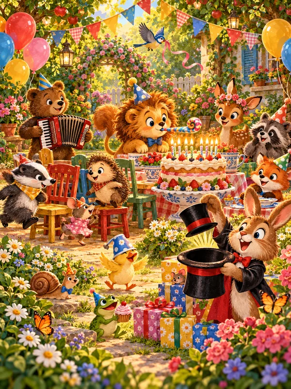 Eine Geburtstagsfeier im Garten mit großer Torte, Luftballons und Geschenken, ein Hase zaubert aus einem Hut einen Hut.