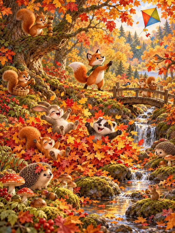 Im Herbstwald springen Tierkinder in Laubhaufen, Eichhörnchen sammeln Nüsse, ein Fuchs lässt einen Drachen steigen.