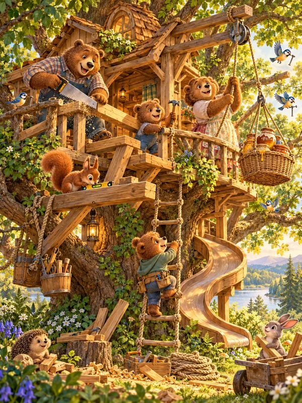 Eine Bärenfamilie baut ein großes Baumhaus mit Rutsche und Strickleiter, ein Eichhörnchen prüft die Bretter, Vögel helfen mit.
