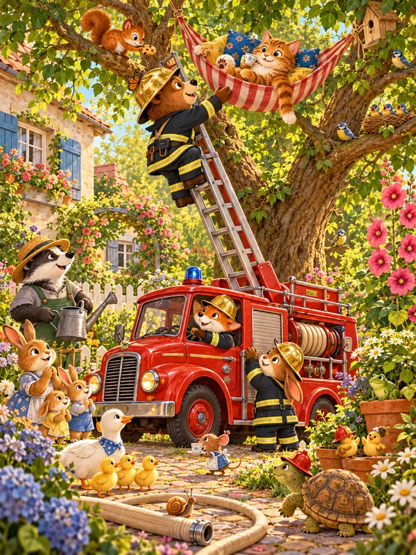 Die Feuerwehr rückt mit der Leiter an, doch die Katze liegt ganz gemütlich in einer Hängematte im Baum und trinkt Tee.