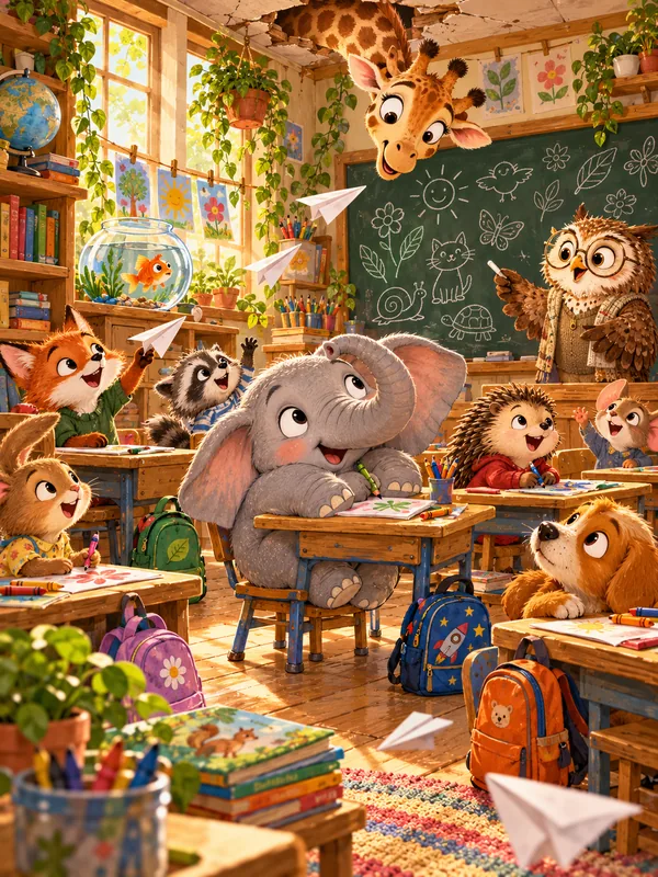 Ein Klassenzimmer voller Tiere: Die Giraffe steckt den Kopf durch die Decke, ein Elefant sitzt auf einem kleinen Stuhl, die Eule malt an die Tafel.