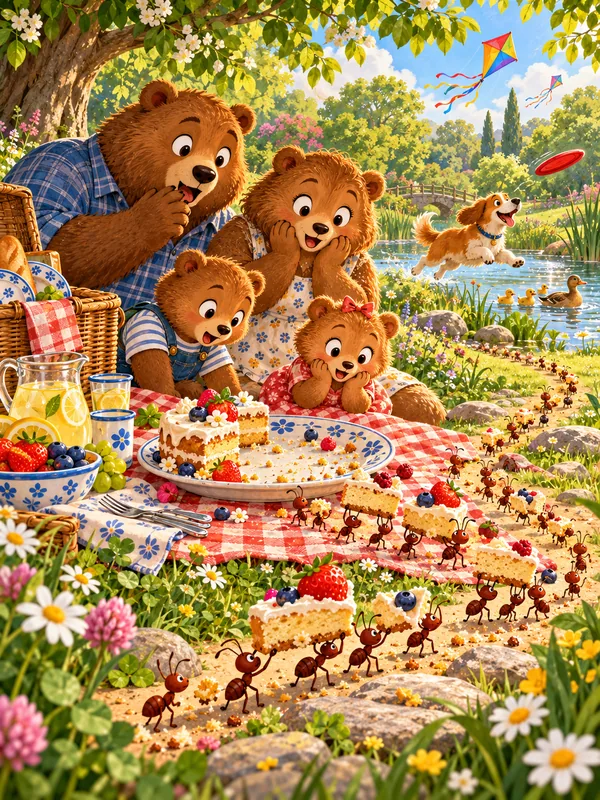 Eine Bärenfamilie staunt beim Picknick, weil eine lange Ameisenreihe den Kuchen Stück für Stück davonträgt.