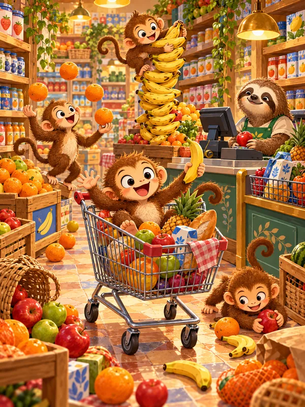Drei Affen toben durch den Supermarkt, einer fährt im Einkaufswagen, einer jongliert Orangen, ein Faultier sitzt an der Kasse.