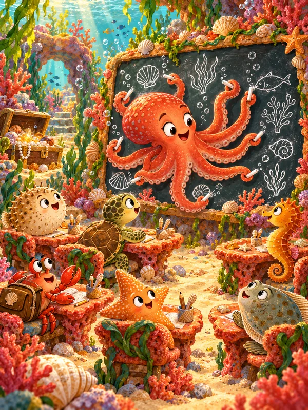 Ein Krake schreibt mit acht Kreiden an die Tafel, Kugelfisch, Schildkröte, Krebs, Seestern und Seepferdchen sitzen an Korallentischen.