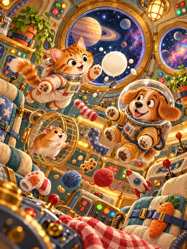 Im Raumschiff schweben eine Katze und ein Hund in Raumanzügen, ein Hamster läuft im Rad, durch die runden Fenster sieht man Planeten.