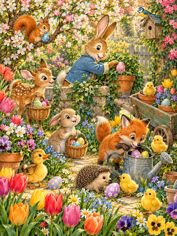 Ein Hase in blauer Jacke versteckt bunte Eier im Blütengarten, Reh, Fuchs, Igel und Küken suchen in Blumentöpfen und in der Gießkanne.