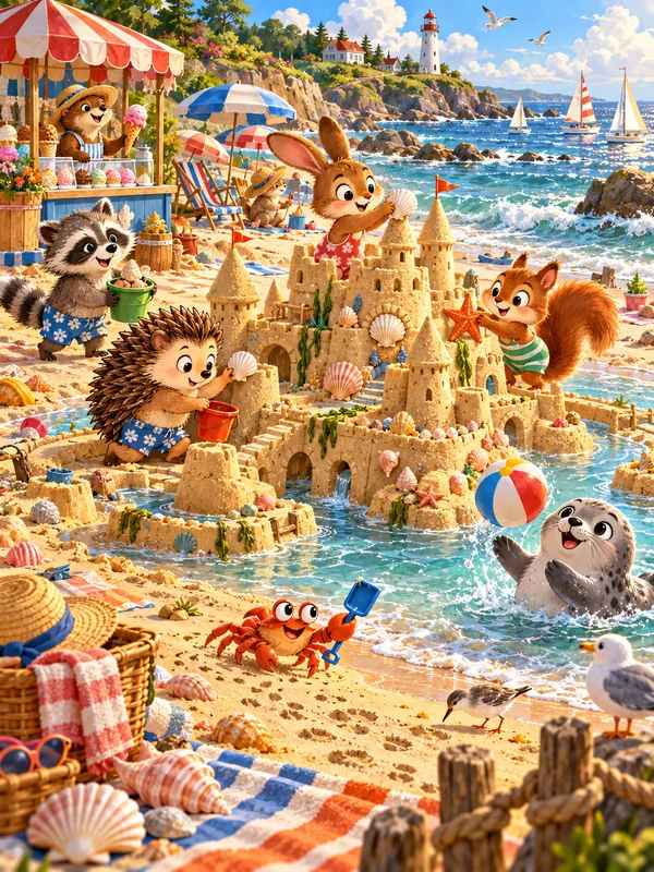 Tiere bauen am Strand eine riesige Sandburg, ein Krebs stibitzt eine kleine Schaufel, eine Robbe spielt mit dem Wasserball.