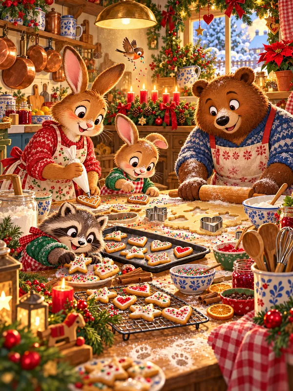 Hasen, Bär und Waschbär backen in der Weihnachtsküche Plätzchen mit Sternen und Herzen, der Waschbär nascht heimlich eins.