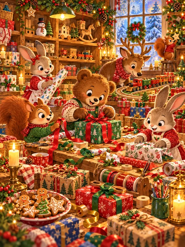 In einer gemütlichen Werkstatt packen Bär, Hasen und Eichhörnchen Geschenke ein, ein Rentier probiert eine Spielzeugeisenbahn aus.