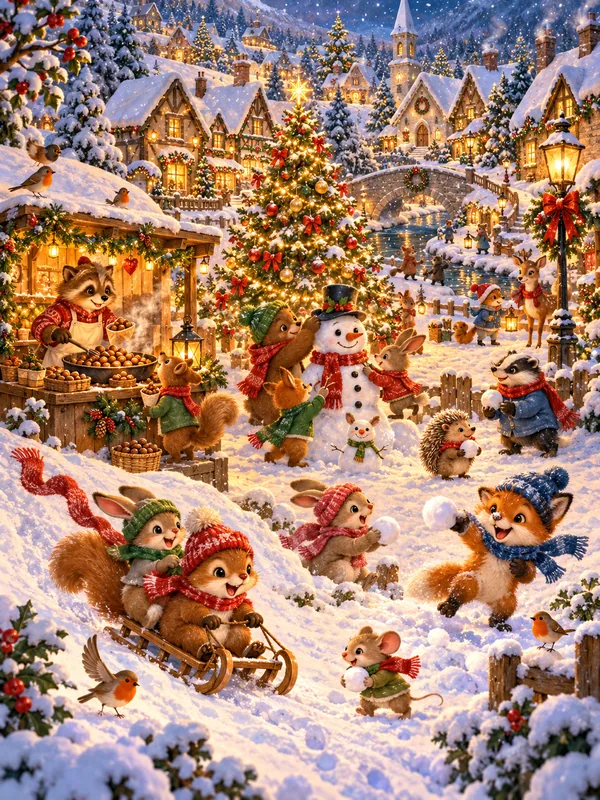 Ein verschneites Dorf mit Weihnachtsbaum: Tiere bauen einen Schneemann, fahren Schlitten und machen eine Schneeballschlacht.
