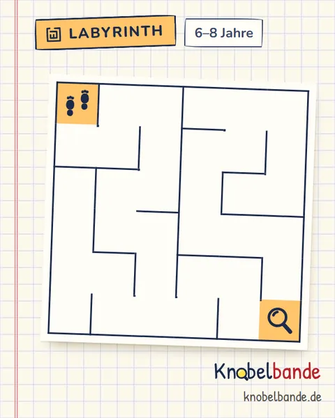 Labyrinth 6×6 Nr. 7: Die Lupe im Gras für Kinder ab 6, leicht, zum Ausdrucken