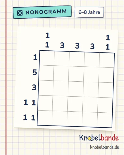 Nonogramm „Pixelbild 5×5 Nr. 10“ für Kinder ab 6, leicht, zum Ausdrucken