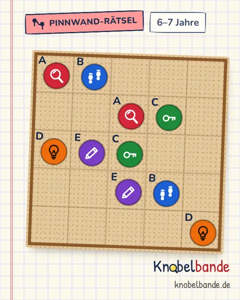 Pinnwand-Rätsel „Pinnwand 5×5 Nr. 2: Spuren sortieren“ für Kinder ab 6, leicht, zum Ausdrucken