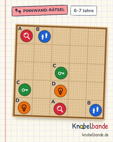 Pinnwand-Rätsel „Pinnwand 5×5 Nr. 3: Fußspuren im Garten“ für Kinder ab 6, leicht, zum Ausdrucken