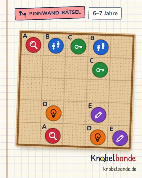 Pinnwand-Rätsel „Pinnwand 5×5 Nr. 4: Wo ist Bello?“ für Kinder ab 6, leicht, zum Ausdrucken