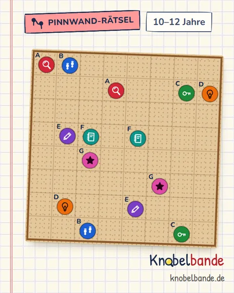 Pinnwand-Rätsel „Pinnwand 8×8 Nr. 2: Wo ist Bello?“ für Kinder ab 10, schwer, zum Ausdrucken