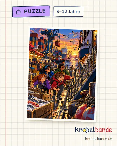 Puzzle „Blinder Passagier im Hafen“ für Kinder ab 9, schwer, zum Ausdrucken