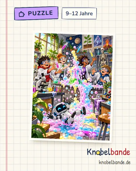 Puzzle „Chaos im Labor“ für Kinder ab 9, mittel, zum Ausdrucken