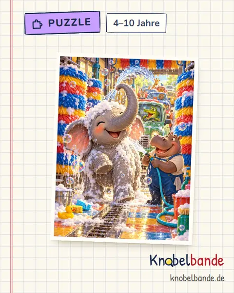 Puzzle „Der Elefant in der Waschanlage“ für Kinder ab 4, leicht, zum Ausdrucken