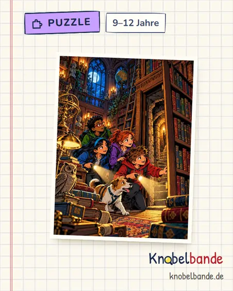 Puzzle „Der Geheimgang in der Bibliothek“ für Kinder ab 9, schwer, zum Ausdrucken