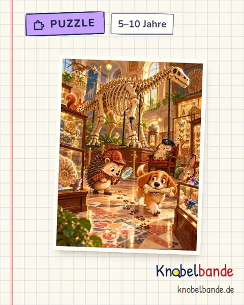 Puzzle „Der Knochen im Museum“ für Kinder ab 5, mittel, zum Ausdrucken