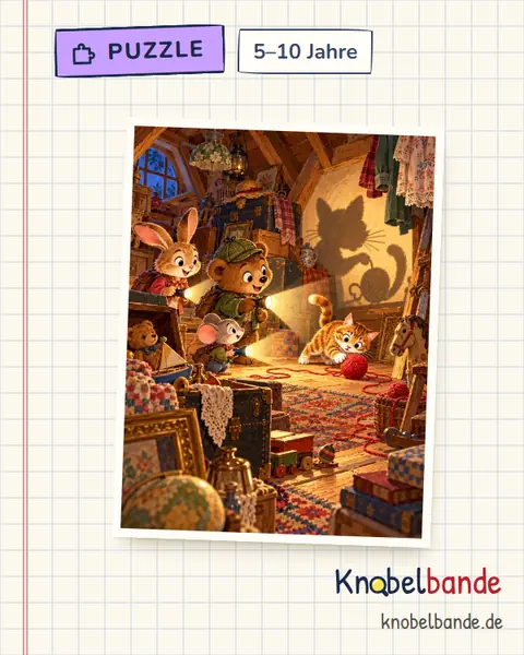 Puzzle „Der Schatten auf dem Dachboden“ für Kinder ab 5, mittel, zum Ausdrucken