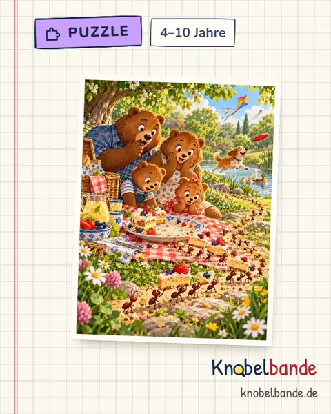 Puzzle „Die Ameisen und der Kuchen“ für Kinder ab 4, leicht, zum Ausdrucken