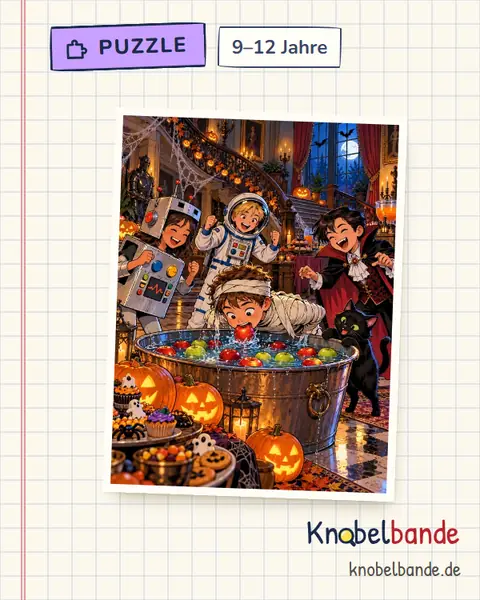 Puzzle „Die Halloween-Party“ für Kinder ab 9, mittel, zum Ausdrucken