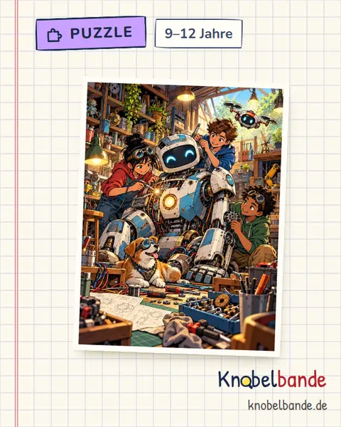 Puzzle „Die Roboterwerkstatt“ für Kinder ab 9, mittel, zum Ausdrucken
