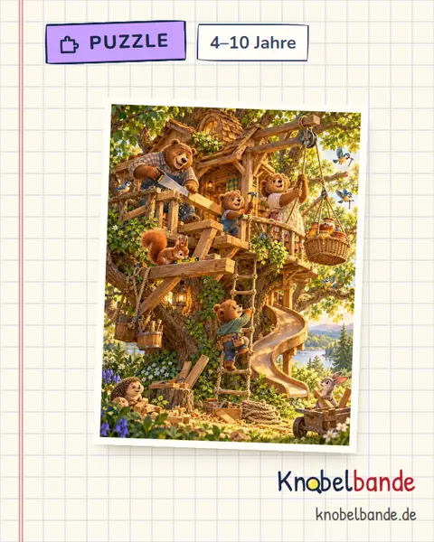 Puzzle „Familie Bär baut ein Baumhaus“ für Kinder ab 4, leicht, zum Ausdrucken