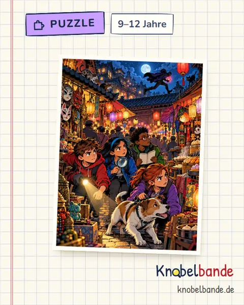 Puzzle „Jagd über den Nachtmarkt“ für Kinder ab 9, schwer, zum Ausdrucken