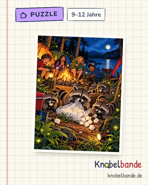 Puzzle „Marshmallow-Diebe im Zeltlager“ für Kinder ab 9, mittel, zum Ausdrucken
